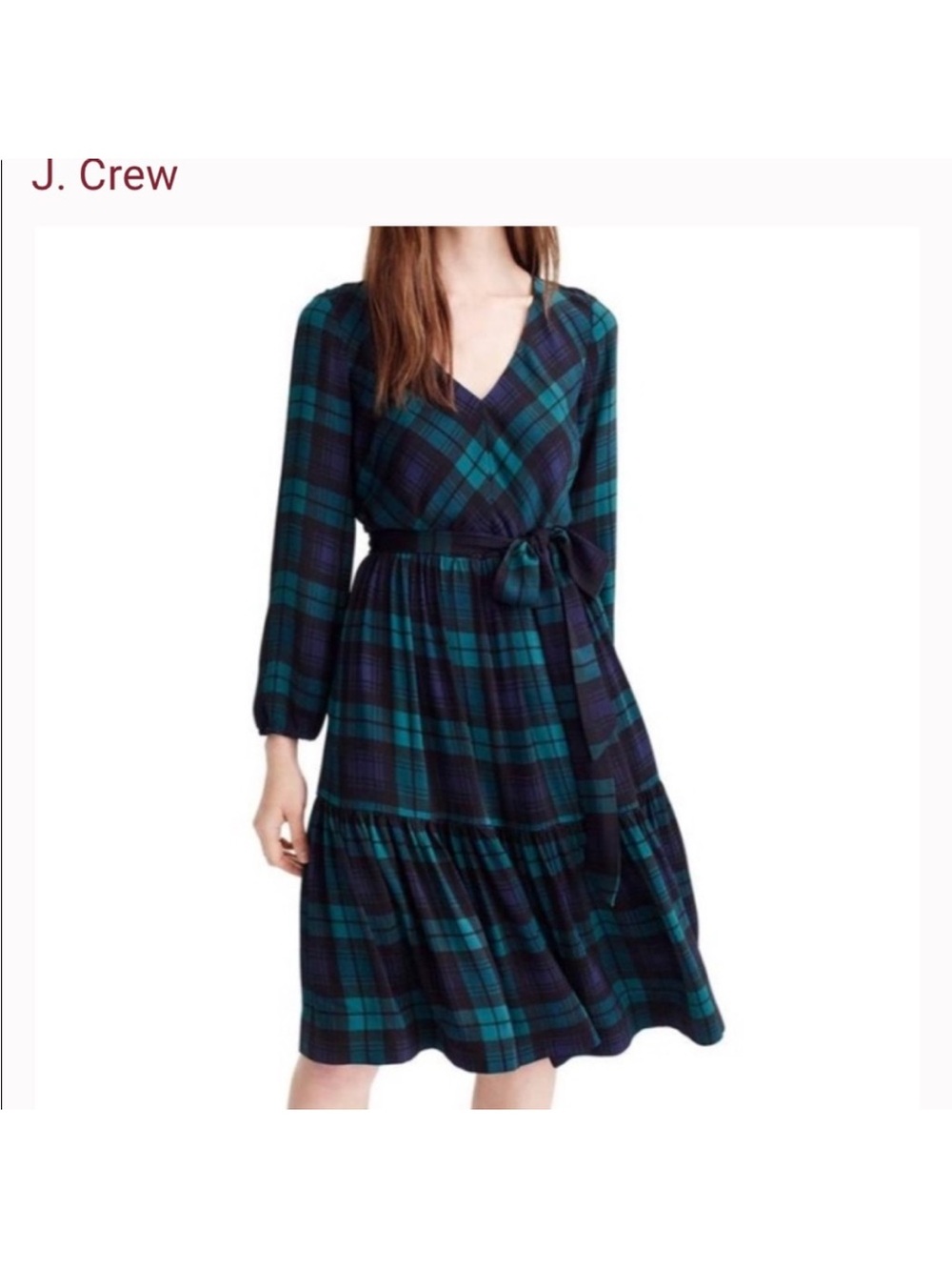 J.Crew Drapey Long-Sleeve Dress in Black Watch Plaid